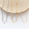 All three options of the paperclip necklace styled on a tan plate