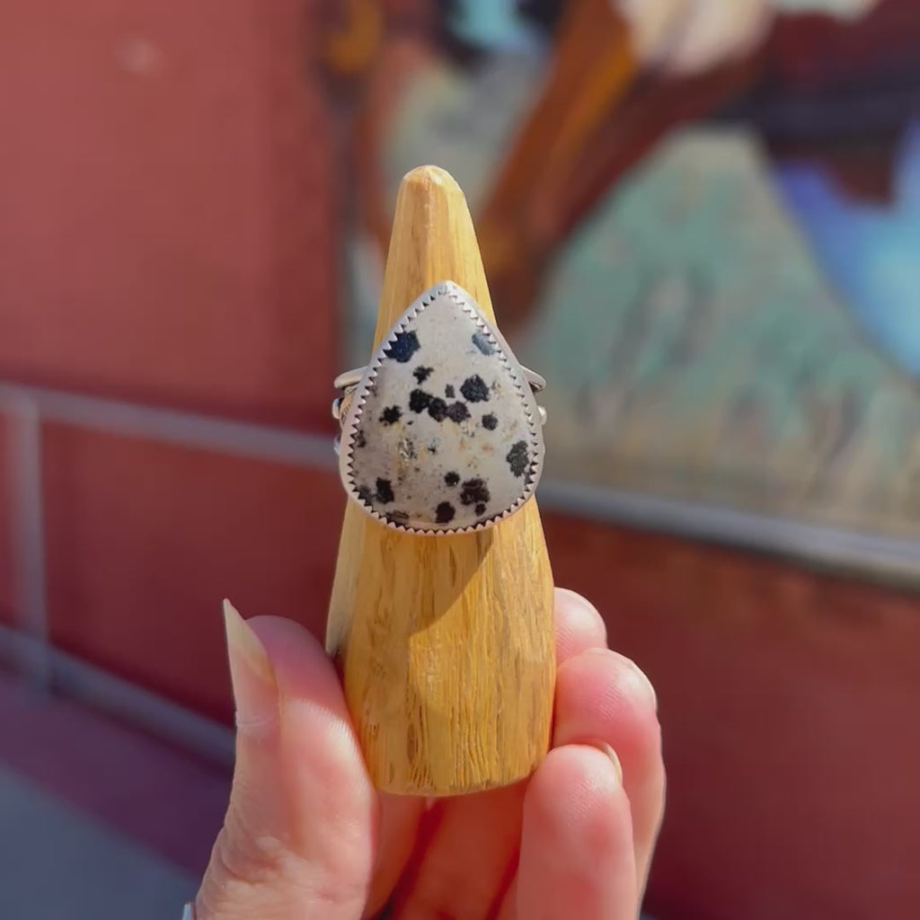 A video of the southwest dalmatian jasper statement ring