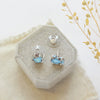 The lavender turquoise post earrings styled on a velvet box to show the comfort clutch ear backs. 