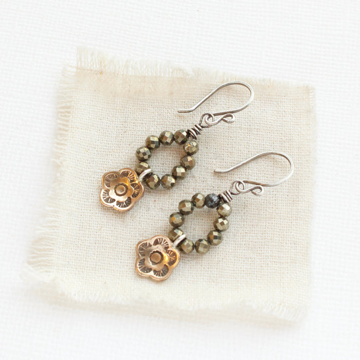 Bronze Mini Cactus Flower Pyrite Hoop Earrings
