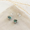 The silver wrapped turquoise square post earrings styled to show the post and comfort clutch ear backs