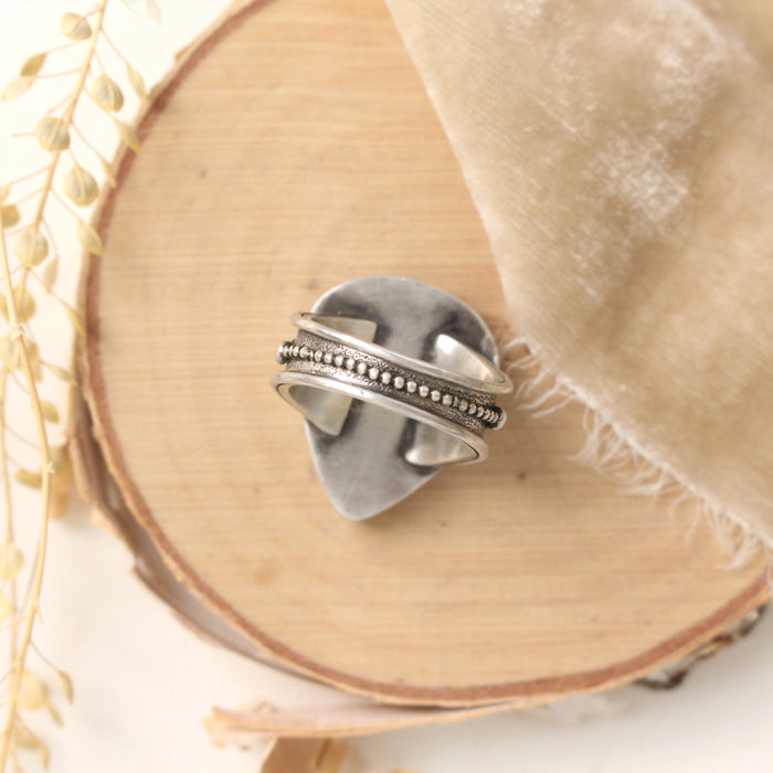 A view of the band on the southwest dalmatian jasper statement ring
