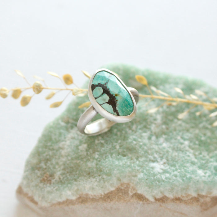 The southwest turquoise ring styled on a green crystal with dried grass