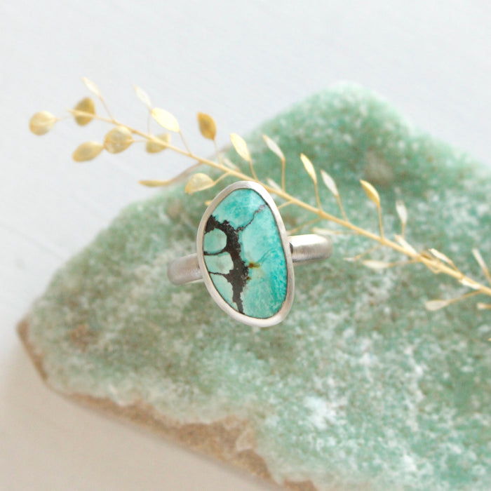 The southwest turquoise ring styled on a green crystal with dried grass