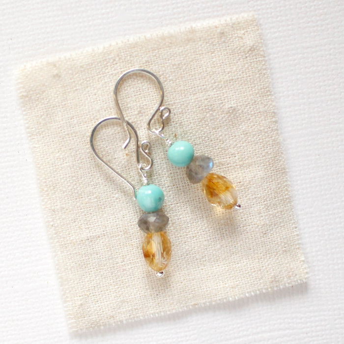 Stacked Labradorite, Turquoise, & Citrine Earrings