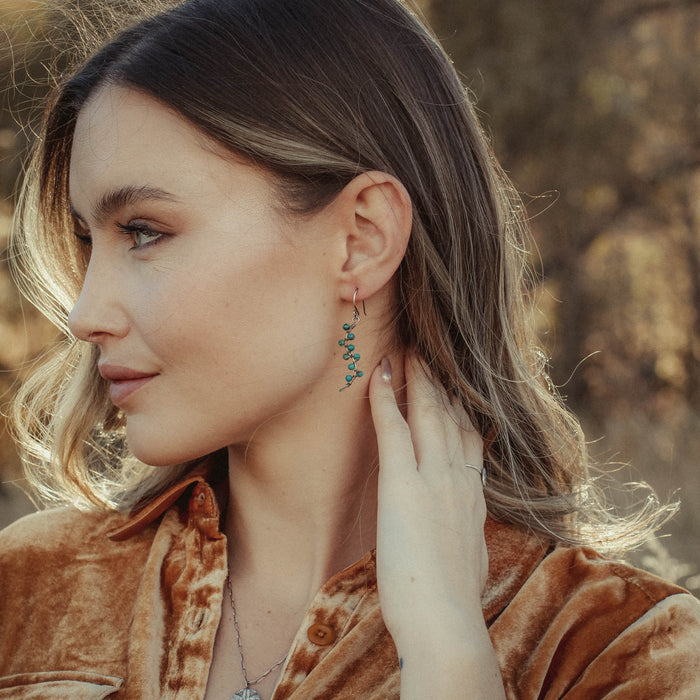 Turquoise Wrapped Oxidized Silver Vine Earrings