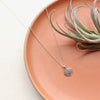 Stamped silver aspen leaf necklace styled on a red plate with an airplant