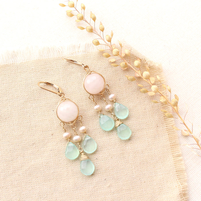 Rose Quartz, Pearl, & Chalcedony Gold Chandelier Earrings