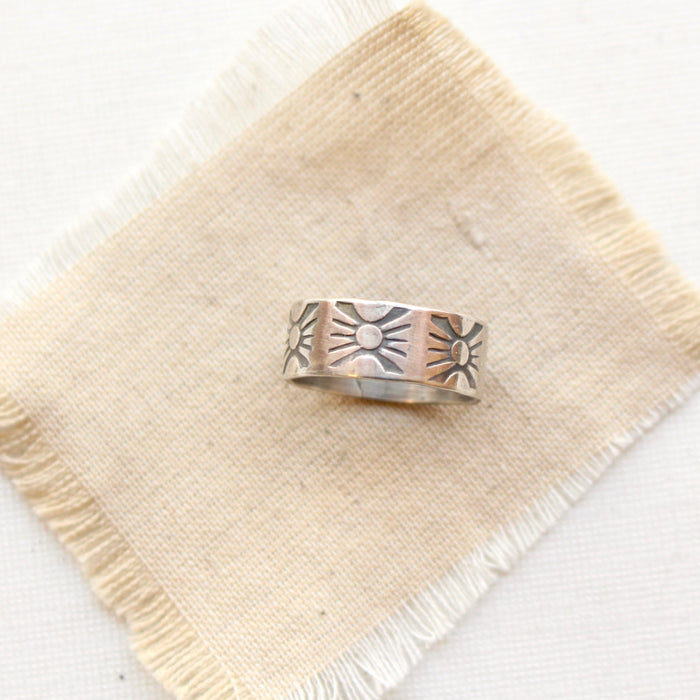Stamped Industrial Sun Silver Band Ring