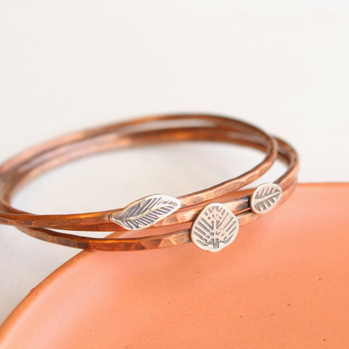 Hammered Copper Bangles with Stamped Silver Elements