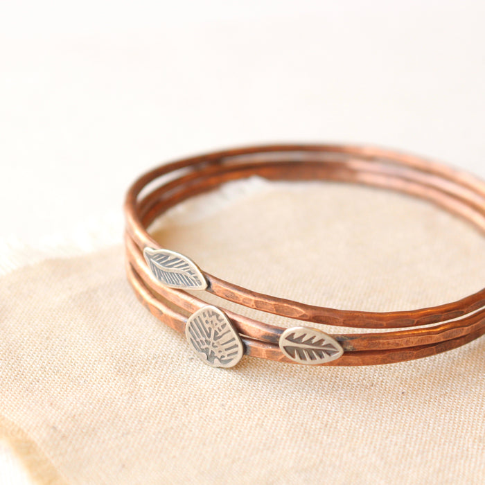 Hammered Copper Bangles with Stamped Silver Elements