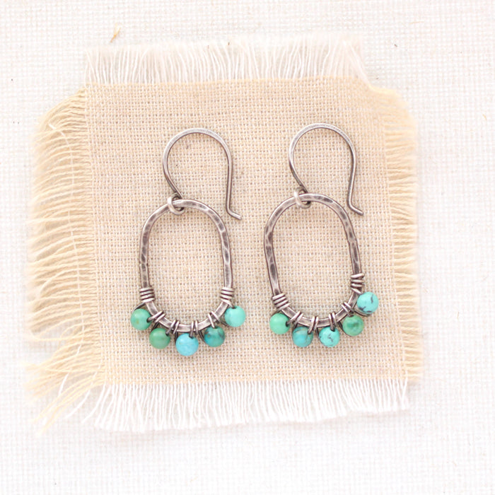 Turquoise Wrapped Hammered Oval Earrings