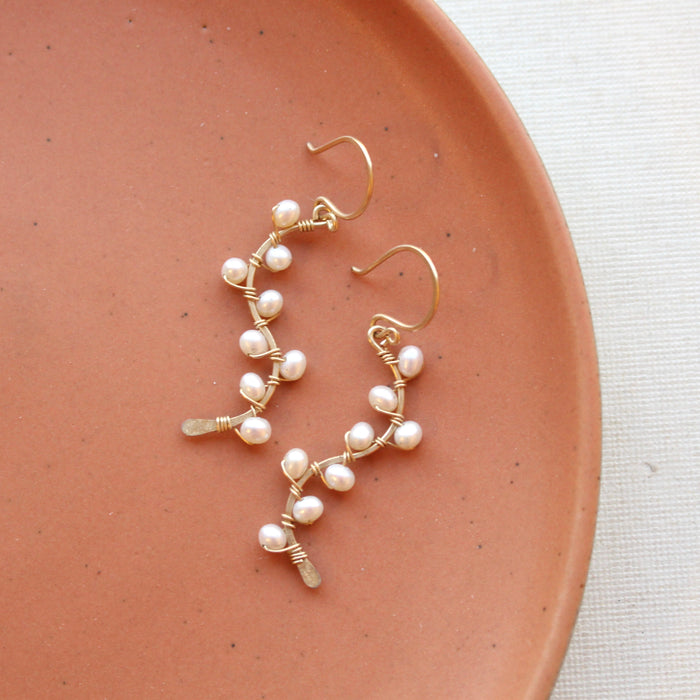 Pearl Wrapped Gold Vine Earrings