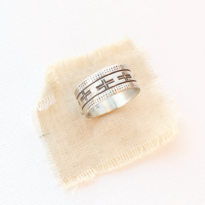 Stamped Cross Linear Silver Ring