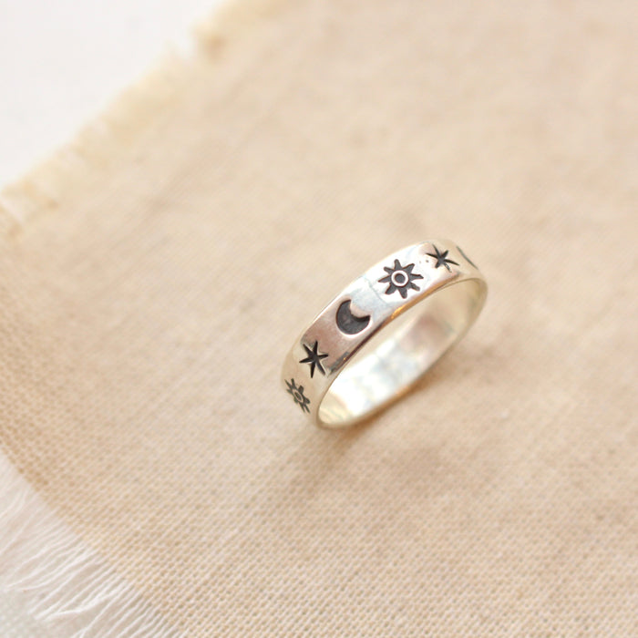 Celestial Moon, Sun and Stars Silver Band Ring