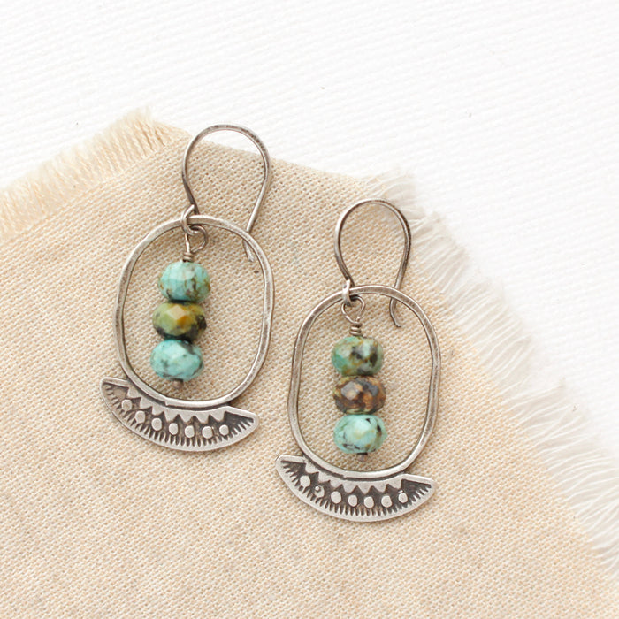 the asmi oval hoop turquoise earrings styled on tan linen