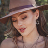The feathered sun earrings being worn by a model