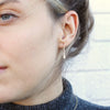 The gold hook earrings being worn in an ear